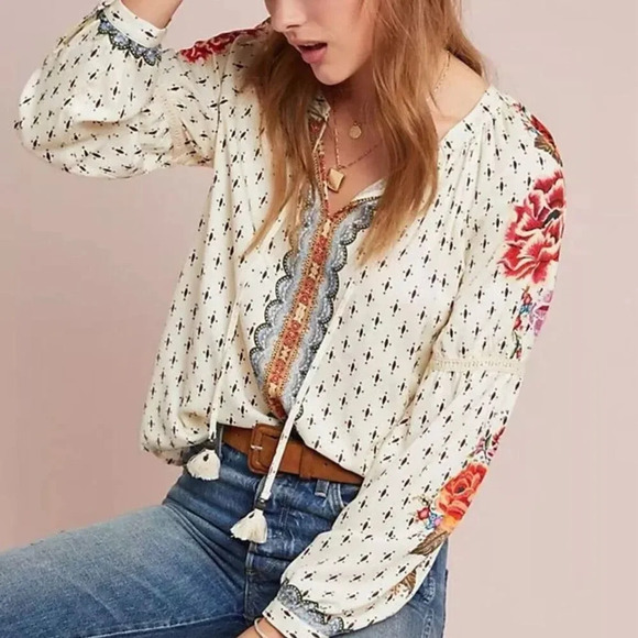 Farm Rio Anthropologie Diana Peasant Top Y-Neck Peasant Boho Artsy Size Small - Picture 1 of 11